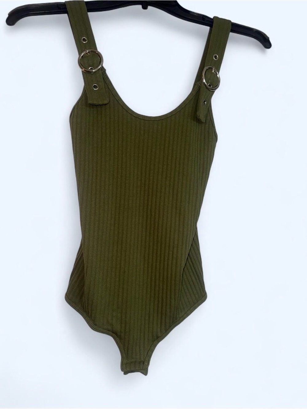 Olive Ribbed One-Piece with Buckle Strap Detail